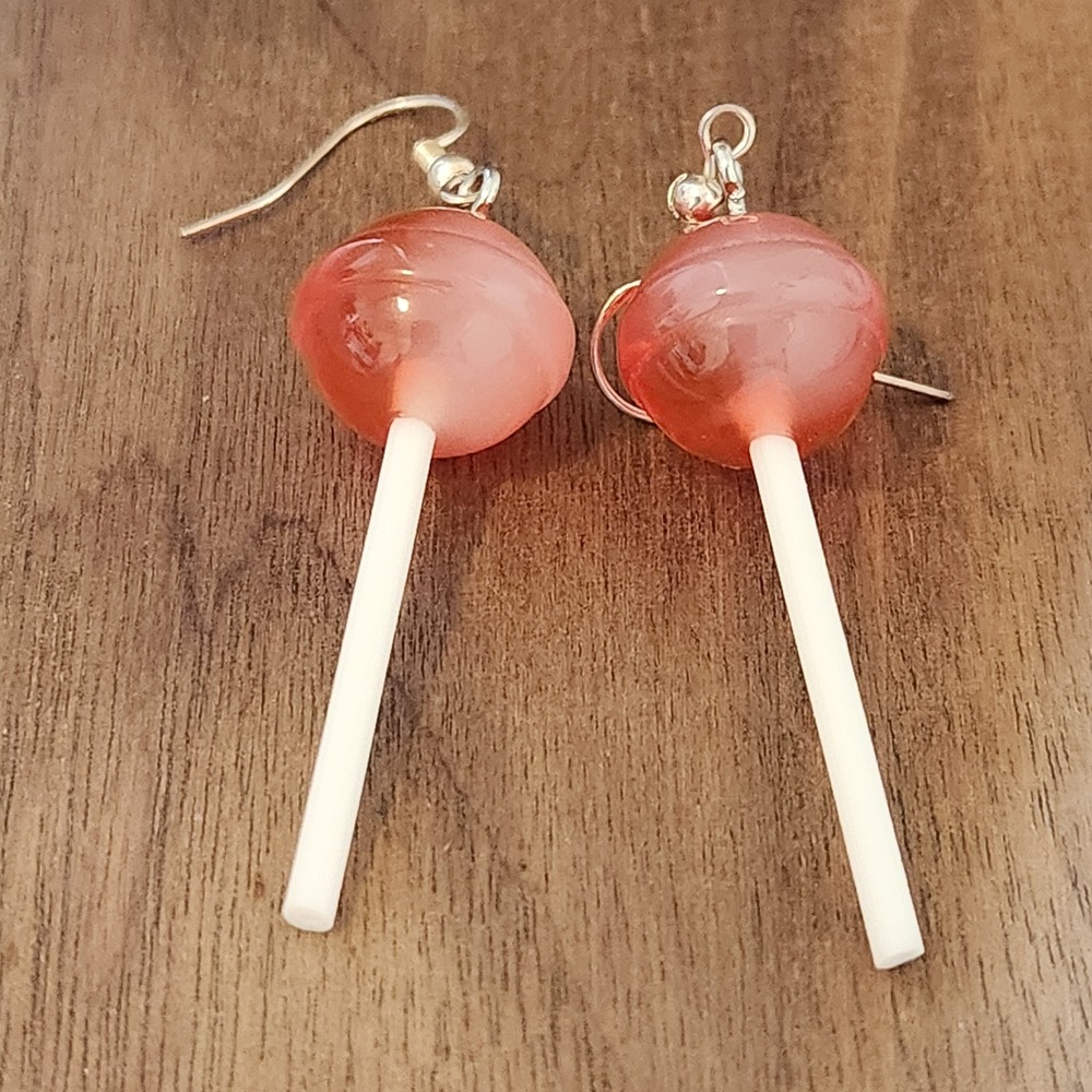 Red Lollipop Drop Earrings Handmade Candy Kitsch Novelty Food Dangle Silver Tone